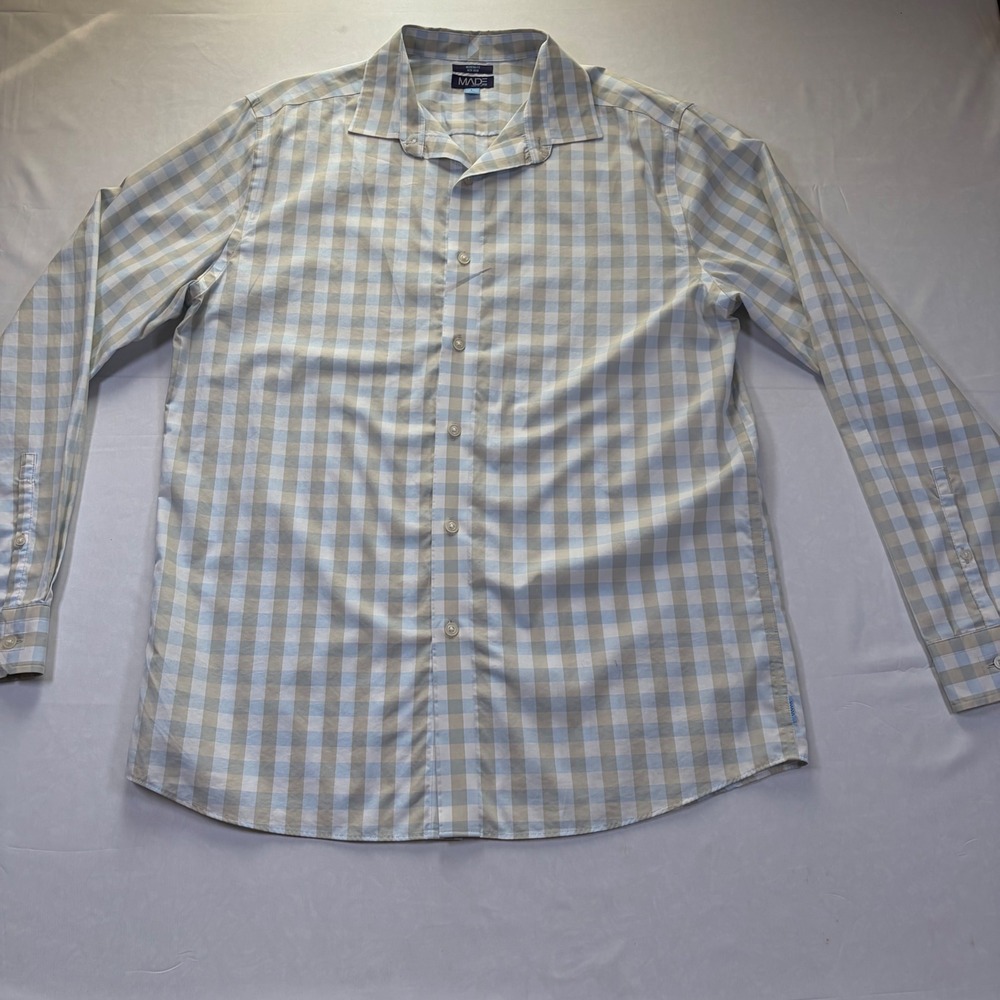 MADE Cam‎ Newton Mens Blue Tan Gingham Check Non-Iron Cotton Button Down Shirt L